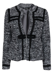 Current Boutique-Nanette Lepore - Black & Grey Boucle Tweed Blazer w/ Black Rope Trim Sz 6