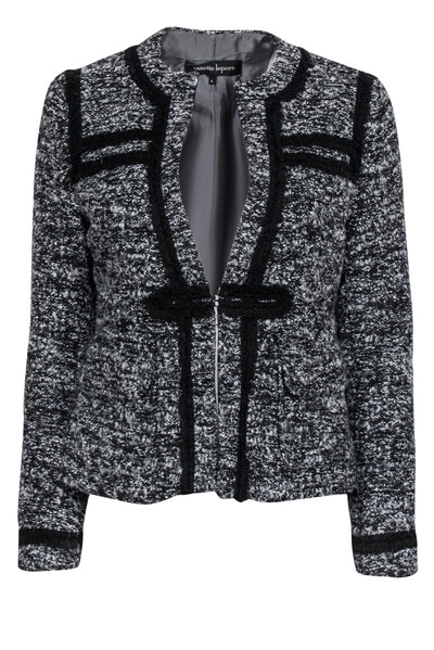 Current Boutique-Nanette Lepore - Black & Grey Boucle Tweed Blazer w/ Black Rope Trim Sz 6