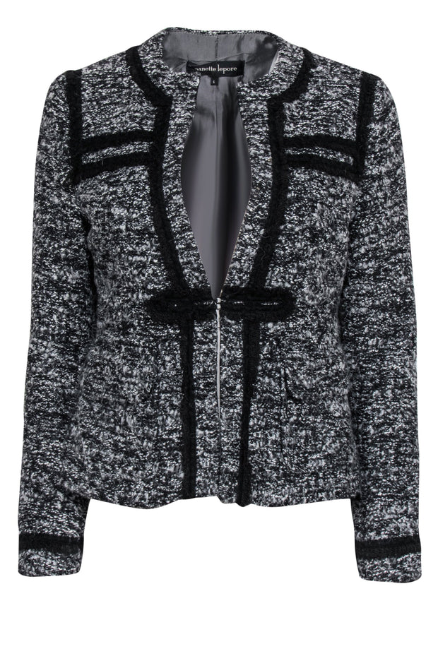 Current Boutique-Nanette Lepore - Black & Grey Boucle Tweed Blazer w/ Black Rope Trim Sz 6