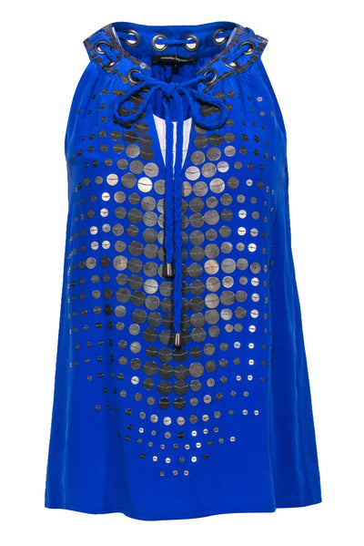Current Boutique-Nanette Lepore - Blue Silk "Ahoy" Tank w/ Braided Trim & Sequins Sz 2