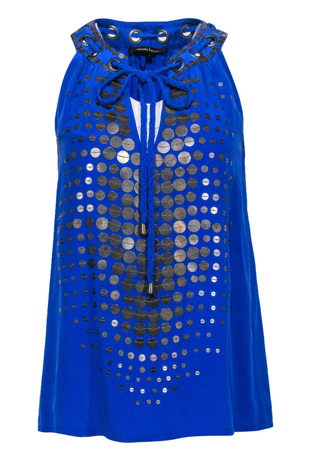 Current Boutique-Nanette Lepore - Blue Silk "Ahoy" Tank w/ Braided Trim & Sequins Sz 2