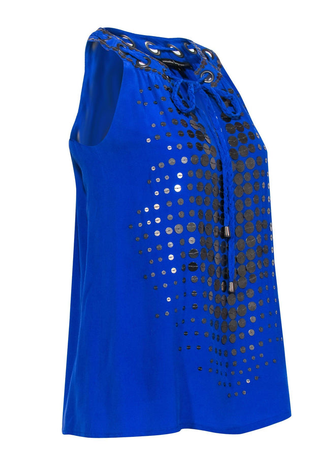 Current Boutique-Nanette Lepore - Blue Silk "Ahoy" Tank w/ Braided Trim & Sequins Sz 2