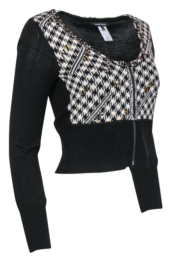 Current Boutique-Nanette Lepore - Black & White Houndstooth & Sequin Wool "Steeple Chase" Cardigan Sz XS