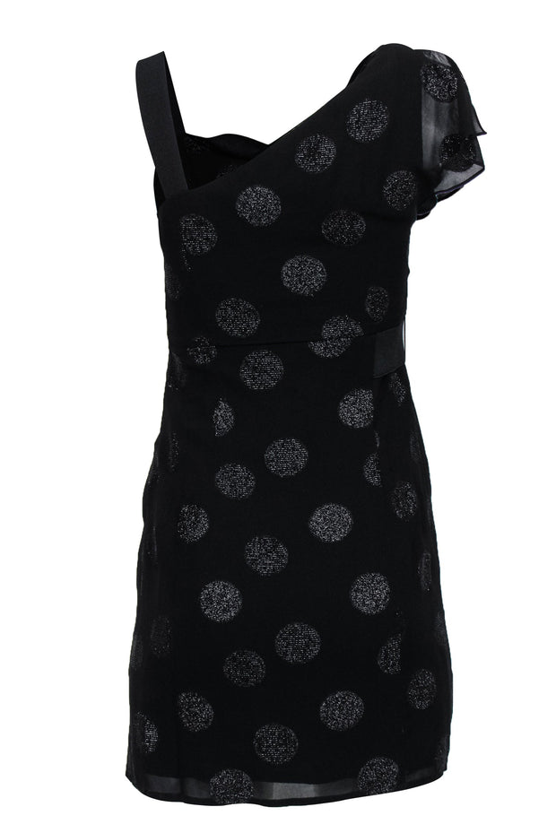 Current Boutique-Nanette Lepore - Black Metallic Polka Dot Ruffled Sleeve Sheath Dress Sz 0