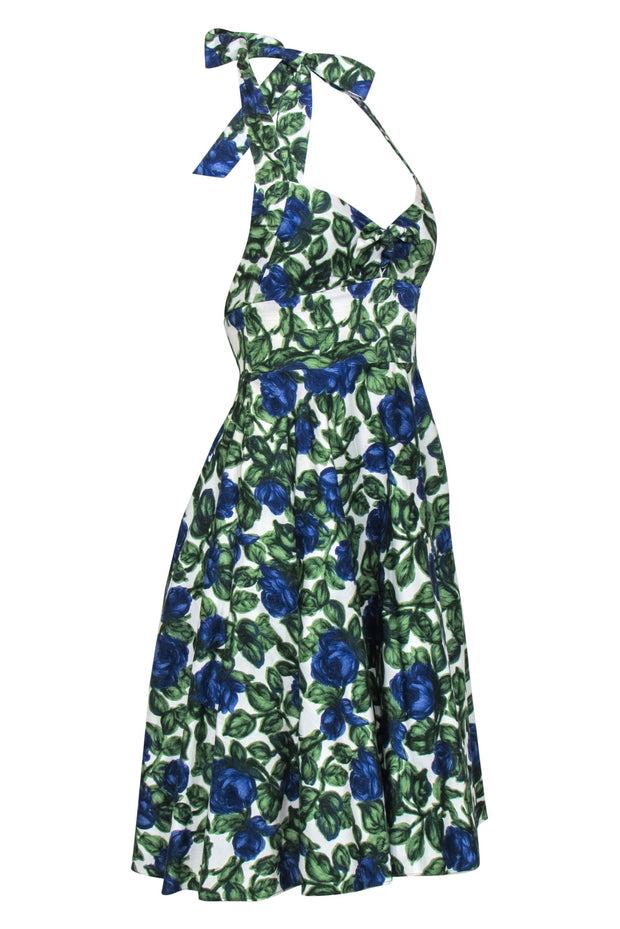 Current Boutique-Nanette Lepore - White, Green & Blue Rose Print Halter A-Line Dress Sz 0