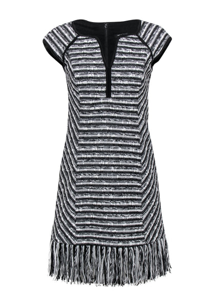 Current Boutique-Nanette Lepore - Black & White Tweed "Lawless" Shift Dress w/ Fringe Hem Sz 6