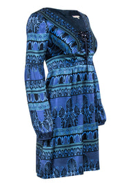 Current Boutique-Nanette Lepore - Blue & Teal Bohemian Print Lace-Up Silk Dress Sz 2