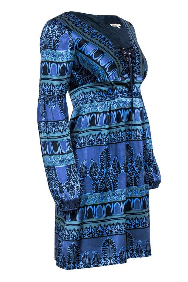 Current Boutique-Nanette Lepore - Blue & Teal Bohemian Print Lace-Up Silk Dress Sz 2
