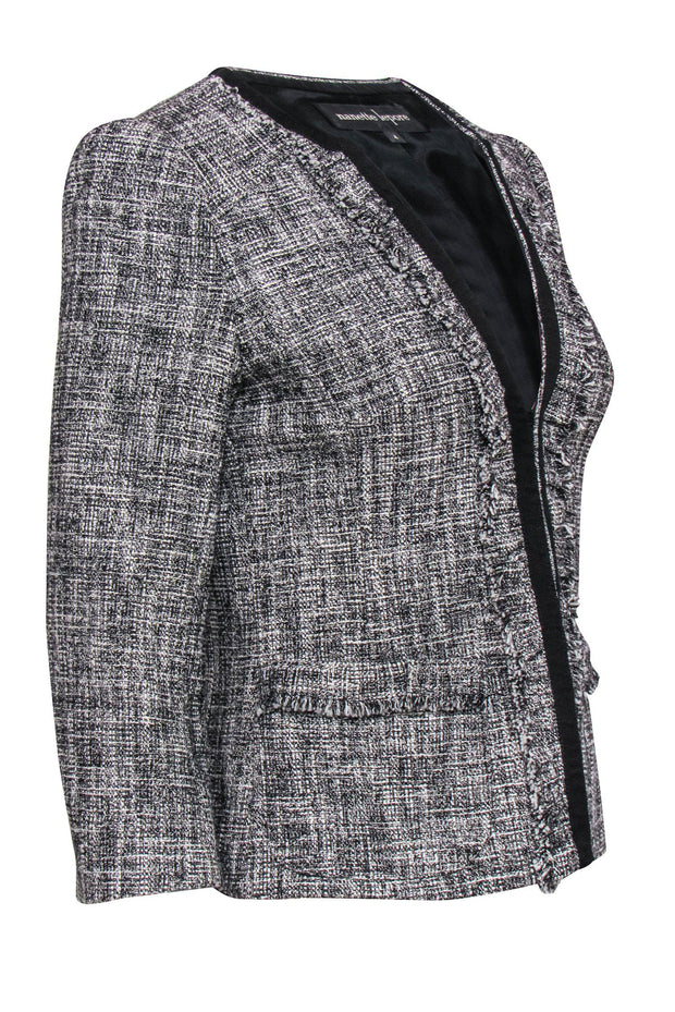 Current Boutique-Nanette Lepore - Black & White Marbled Tweed Fringed Jacket Sz 4
