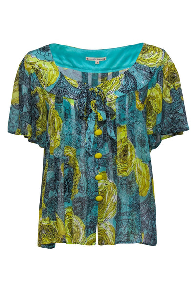 Current Boutique-Nanette Lepore - Vintage Yellow & Green Rose Paisley Print Silk Blouse Sz 6