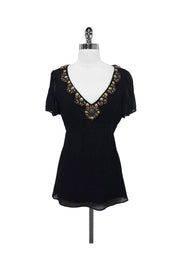 Current Boutique-Nanette Lepore - Black Silk Blouse w/ Beaded Neckline Sz 0