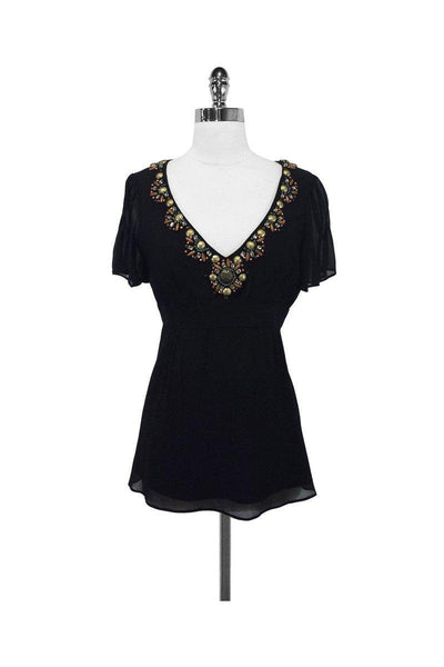 Current Boutique-Nanette Lepore - Black Silk Blouse w/ Beaded Neckline Sz 0
