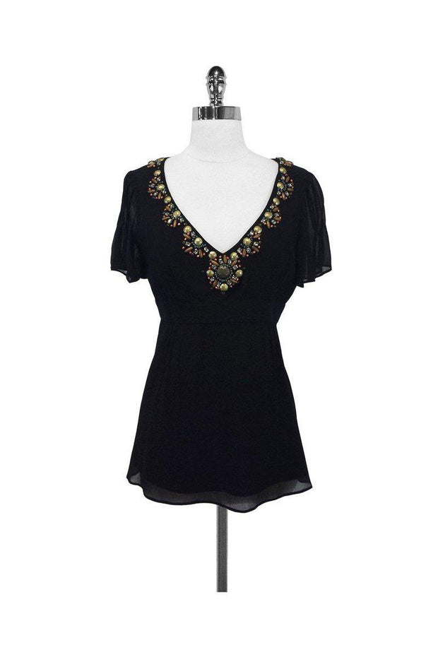 Current Boutique-Nanette Lepore - Black Silk Blouse w/ Beaded Neckline Sz 0