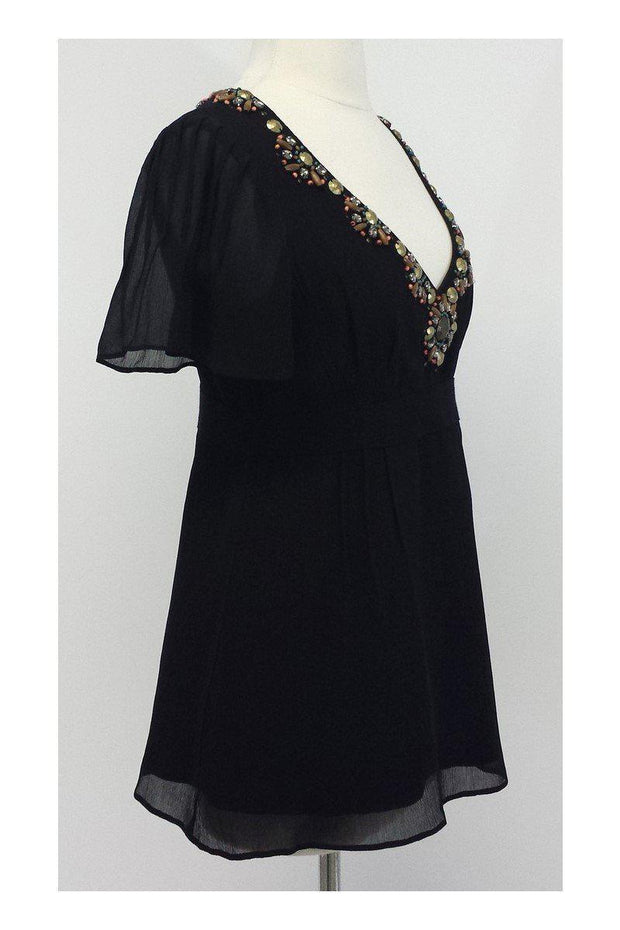 Current Boutique-Nanette Lepore - Black Silk Blouse w/ Beaded Neckline Sz 0