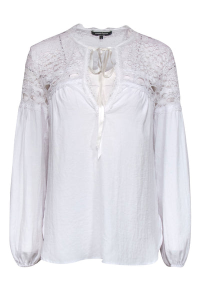 Current Boutique-Nanette Lepore - White Long Sleeve Ribbon Tie Blouse w/ Lace Sz S