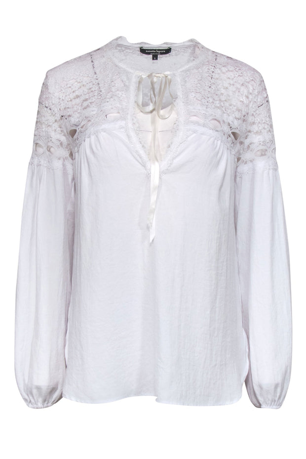 Current Boutique-Nanette Lepore - White Long Sleeve Ribbon Tie Blouse w/ Lace Sz S