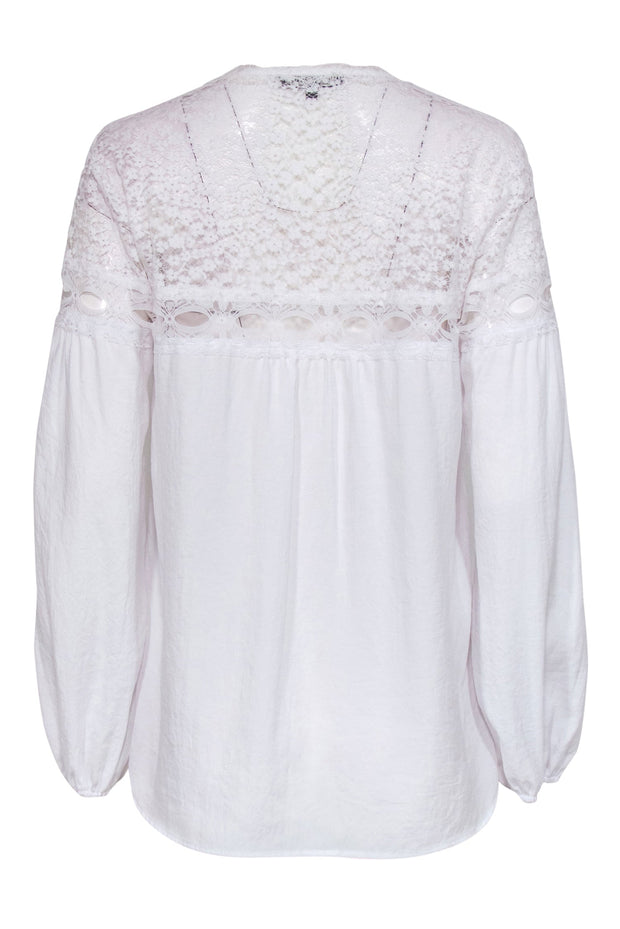 Current Boutique-Nanette Lepore - White Long Sleeve Ribbon Tie Blouse w/ Lace Sz S