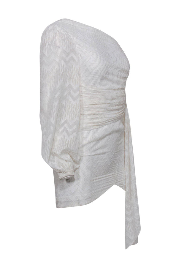 Current Boutique-NBD - White Draped Chevron Textured "Lisa" Mini Dress w/ Gold Threading Sz XS