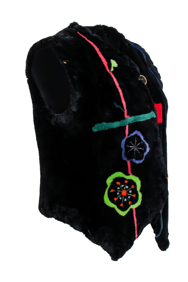 Current Boutique-Neiman Marcus - Vintage Black Beaver Fur Floral & Abstract Print Vest Sz M