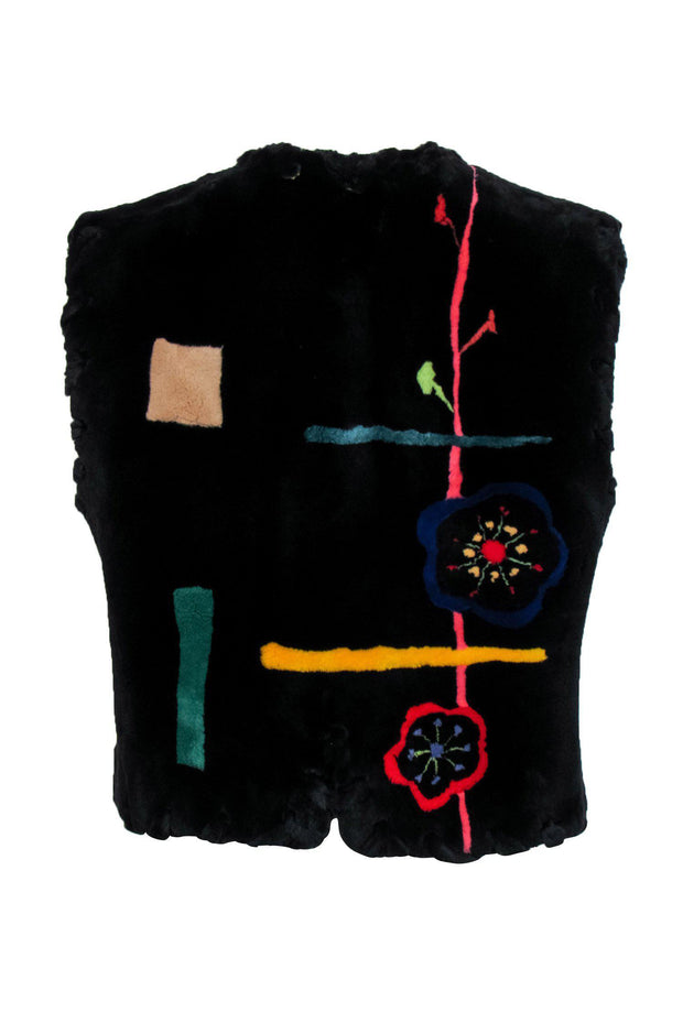 Current Boutique-Neiman Marcus - Vintage Black Beaver Fur Floral & Abstract Print Vest Sz M
