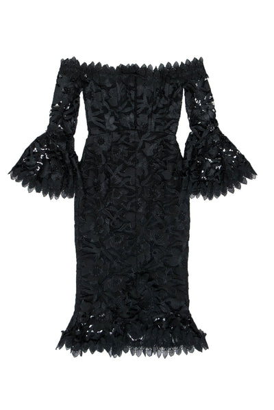 Current Boutique-Nicholas - Black Floral Lace Off-the-Shoulder Midi Dress Sz 2