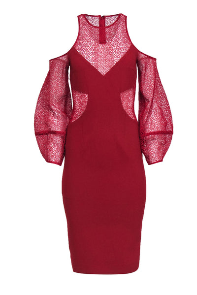 Current Boutique-Nicholas - Red Lace Cold Shoulder Mesh Cutout Midi Cocktail Dress Sz 2
