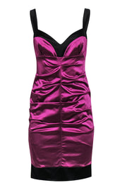 Current Boutique-Nicole Miller - Purple Satin Ruched Sleeveless Bodycon Dress w/ Black Trim Sz 8