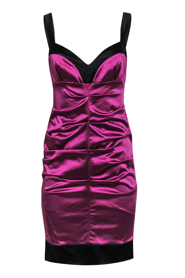 Current Boutique-Nicole Miller - Purple Satin Ruched Sleeveless Bodycon Dress w/ Black Trim Sz 8