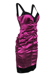 Current Boutique-Nicole Miller - Purple Satin Ruched Sleeveless Bodycon Dress w/ Black Trim Sz 8