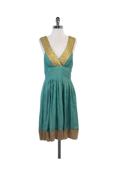 Current Boutique-Nicole Miller - Teal & Gold Silk Dress Sz 8