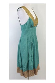Current Boutique-Nicole Miller - Teal & Gold Silk Dress Sz 8