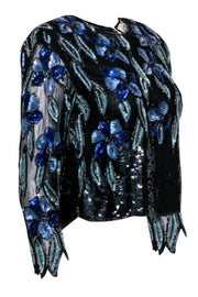 Current Boutique-O.R. Silk - Vintage Black & Blue Floral Sequined Blouse Sz S