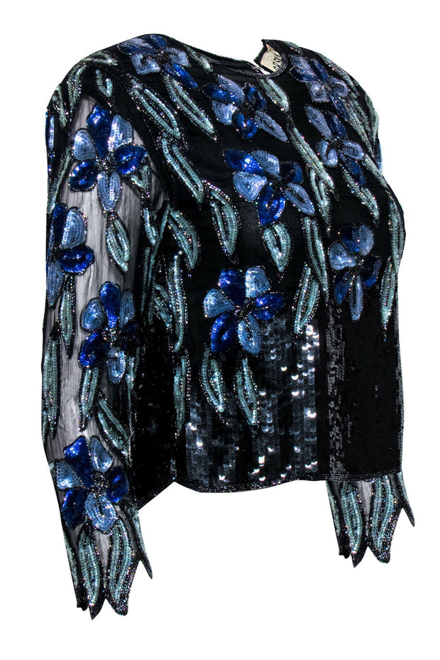 Current Boutique-O.R. Silk - Vintage Black & Blue Floral Sequined Blouse Sz S