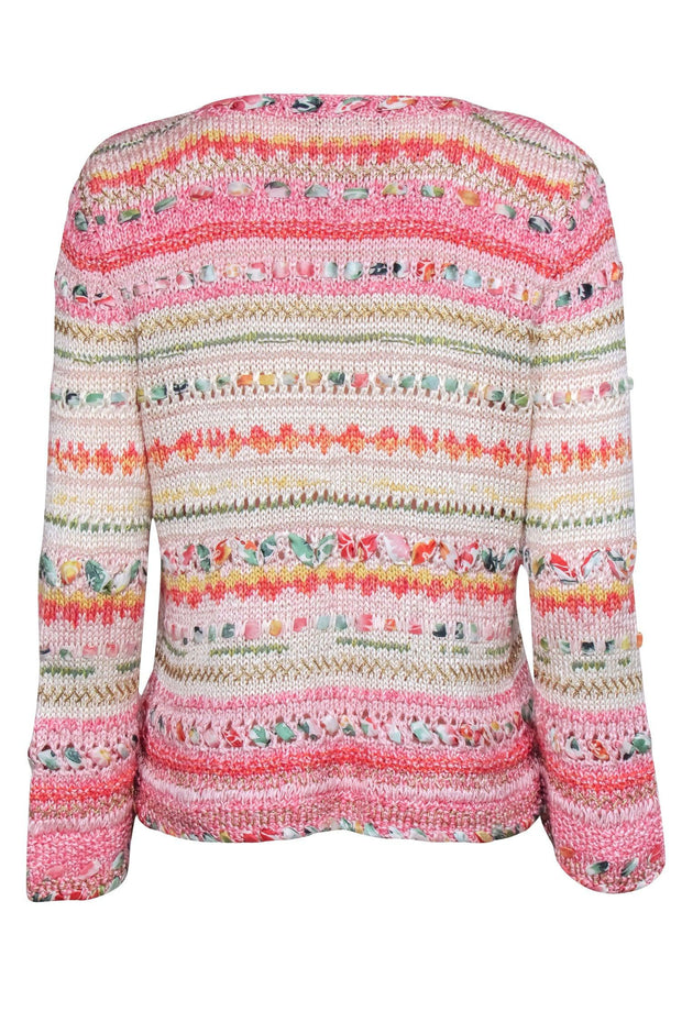 Current Boutique-Oscar de la Renta - Pink & Multicolor Woven Zipper Front Cardigan Sz L