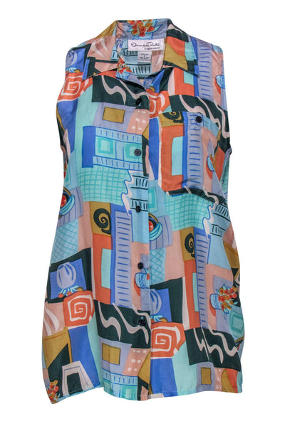 Current Boutique-Oscar de la Renta - Multicolor Impressionist Print Sleeveless Blouse Sz S
