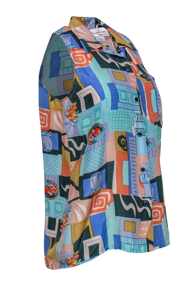 Current Boutique-Oscar de la Renta - Multicolor Impressionist Print Sleeveless Blouse Sz S