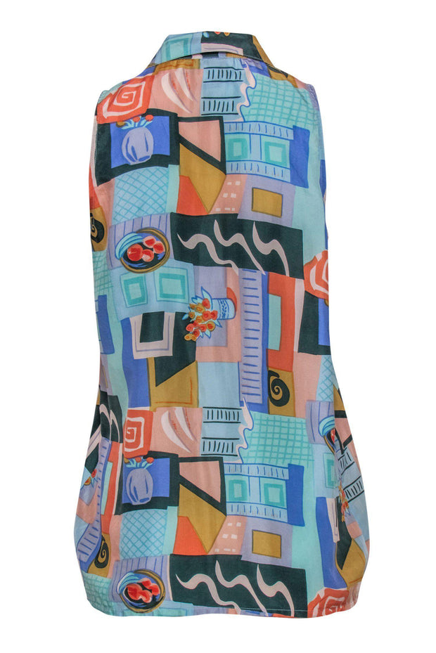 Current Boutique-Oscar de la Renta - Multicolor Impressionist Print Sleeveless Blouse Sz S