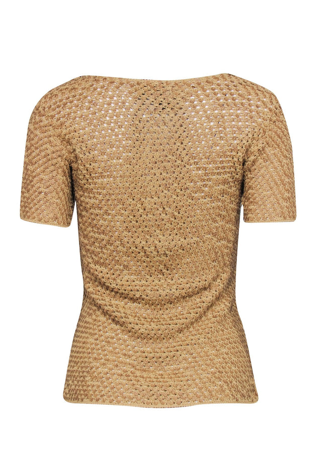 Current Boutique-Oscar De La Renta - Golden Tan w/ Crocheted Wood Grain Sequin Top Sz S