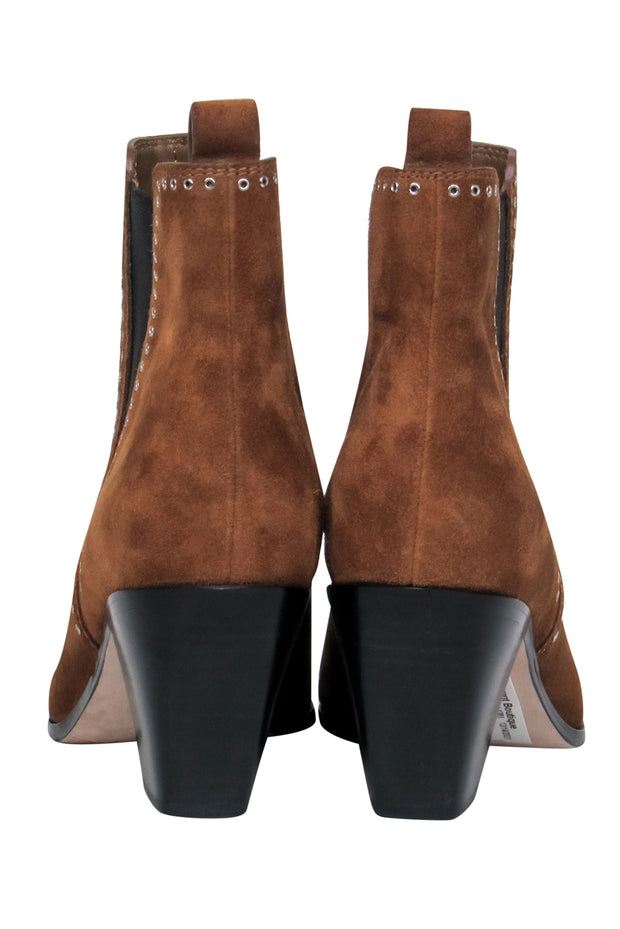 Current Boutique-Paige - Brown Suede Pointed Toe Block Heel Booties w/ Grommet Trim Sz 8