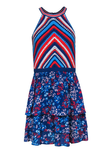 Current Boutique-Parker - Blue, Red & White Floral Print & Crochet Fit & Flare Dress Sz 2
