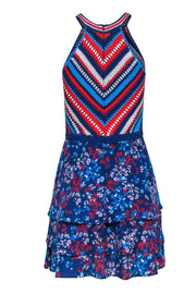 Current Boutique-Parker - Blue, Red & White Floral Print & Crochet Fit & Flare Dress Sz 2