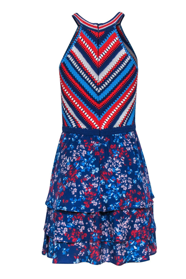 Current Boutique-Parker - Blue, Red & White Floral Print & Crochet Fit & Flare Dress Sz 2