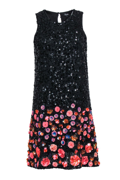 Current Boutique-Parker - Black Sequin Sleeveless Shift Dress w/ Floral Embellishment Sz 4