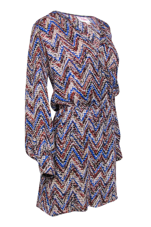 Current Boutique-Parker - Rusty Brown, Blue & Beige Printed Silk Plunge Dress Sz XS