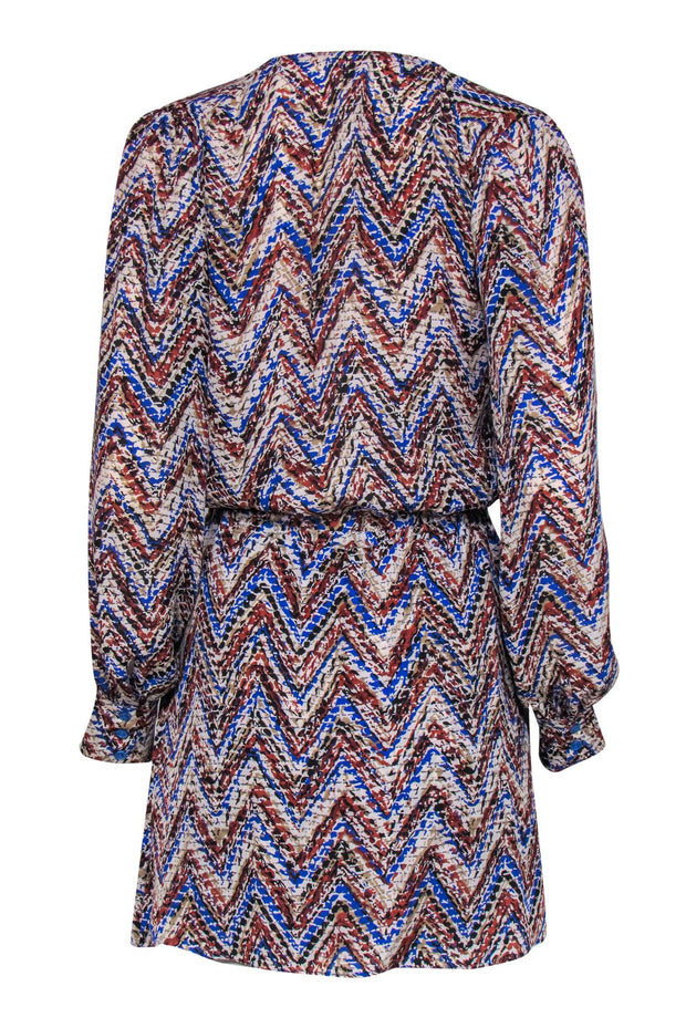 Current Boutique-Parker - Rusty Brown, Blue & Beige Printed Silk Plunge Dress Sz XS