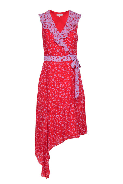 Current Boutique-Parker - Red & Lilac Contracting Floral Print Silk Faux-Wrap Midi Dress w/ Ruffle Details & Asymmetrical Hemline Sz 2