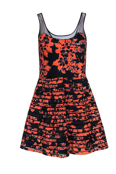Current Boutique-Parker - Black & Orange Floral Print Fit & Flare Dress w/ Mesh Sz S