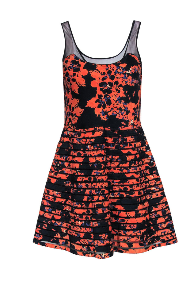 Current Boutique-Parker - Black & Orange Floral Print Fit & Flare Dress w/ Mesh Sz S