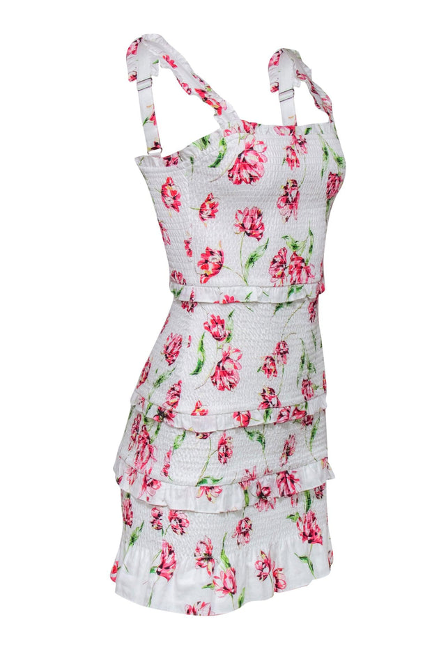 Current Boutique-Parker - White, Pink & Green Floral Print Smocked Ruffled Sheath Dress Sz XS