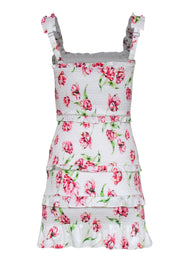 Current Boutique-Parker - White, Pink & Green Floral Print Smocked Ruffled Sheath Dress Sz XS